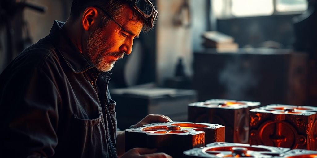 کارگر ریخته گری در حال ریختن فلز مذاب