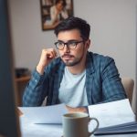 شخصی در حال فکر کردن به صفحه کامپیوتر