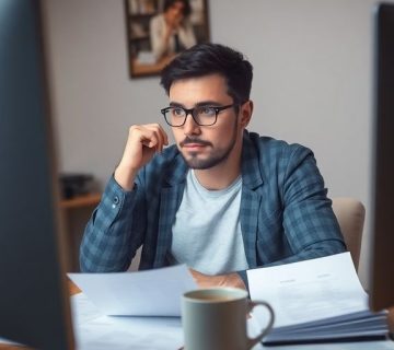 شخصی در حال فکر کردن به صفحه کامپیوتر