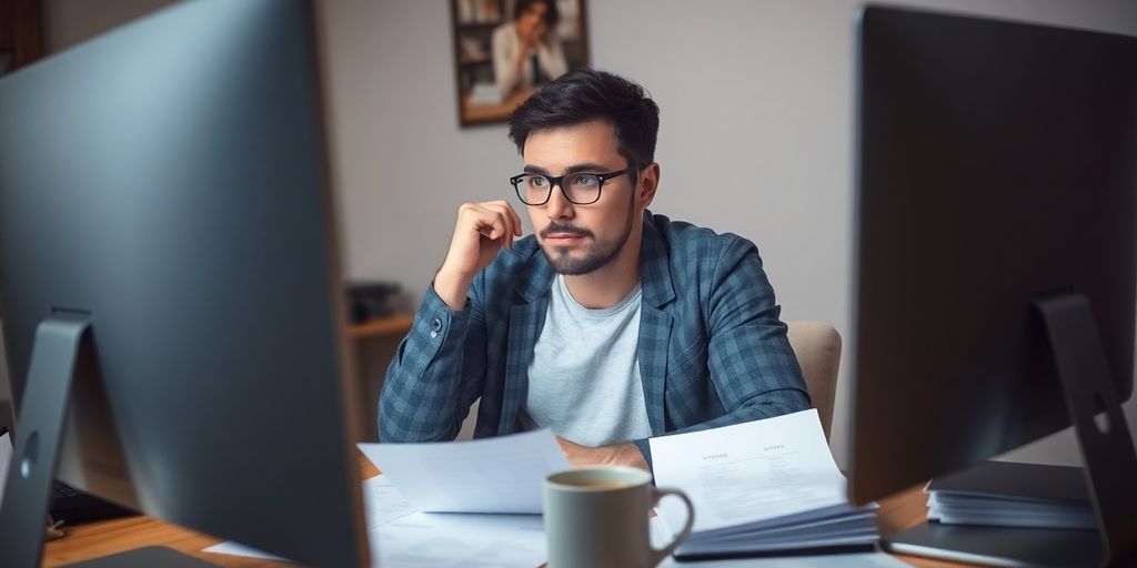 شخصی در حال فکر کردن به صفحه کامپیوتر