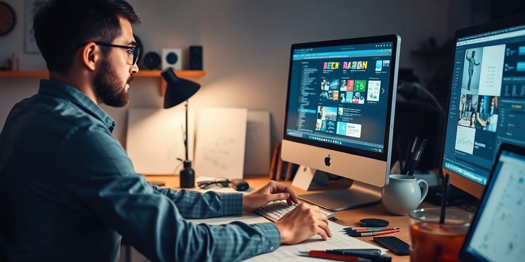 تصویری از طراح وب در حال کار بر روی کامپیوتر