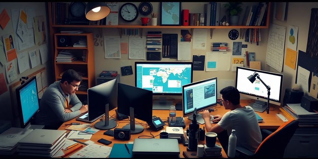 تصویر یک محیط طراحی با طراحان و ابزارها