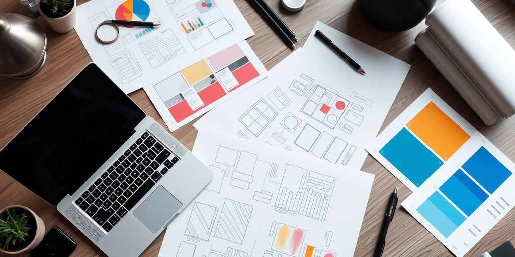 محیط کار حرفه‌ای با لپ‌تاپ و طرح‌های طراحی