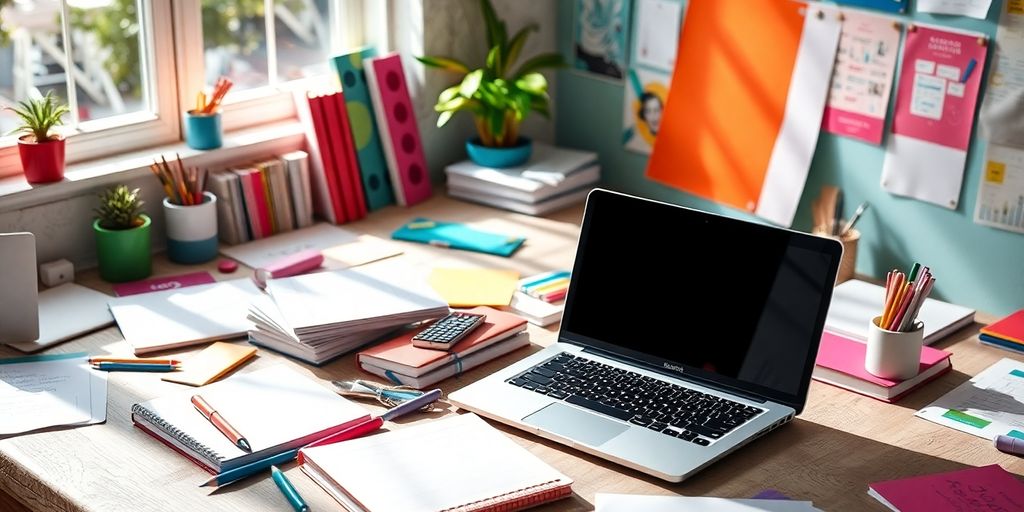 فضای کار خلاقانه با لپ‌تاپ و مواد نوشتاری