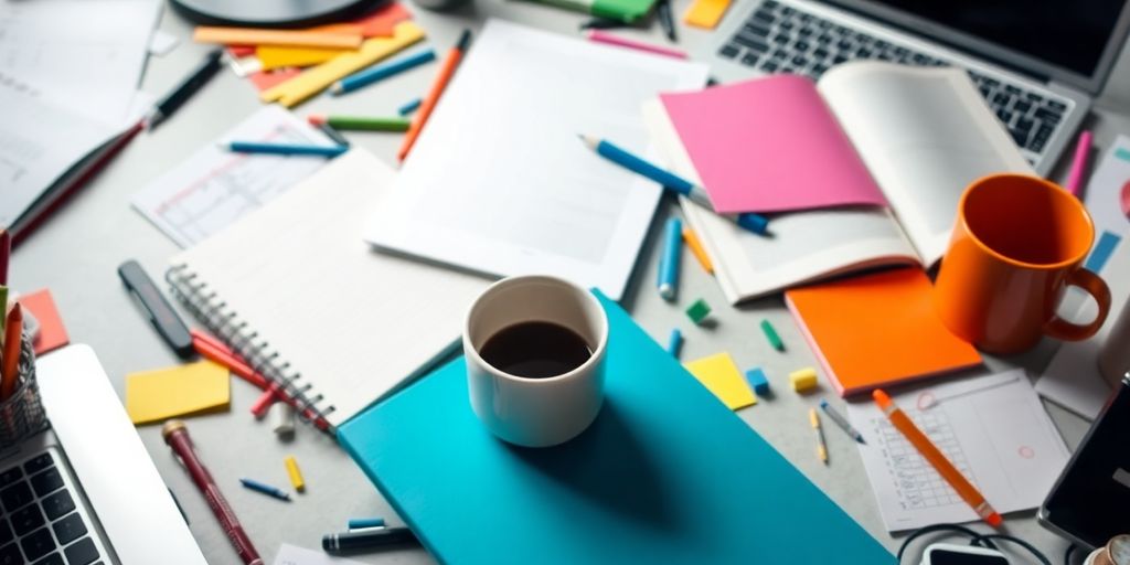 تصویر یک میز کار شلوغ با لپ‌تاپ و دفترچه