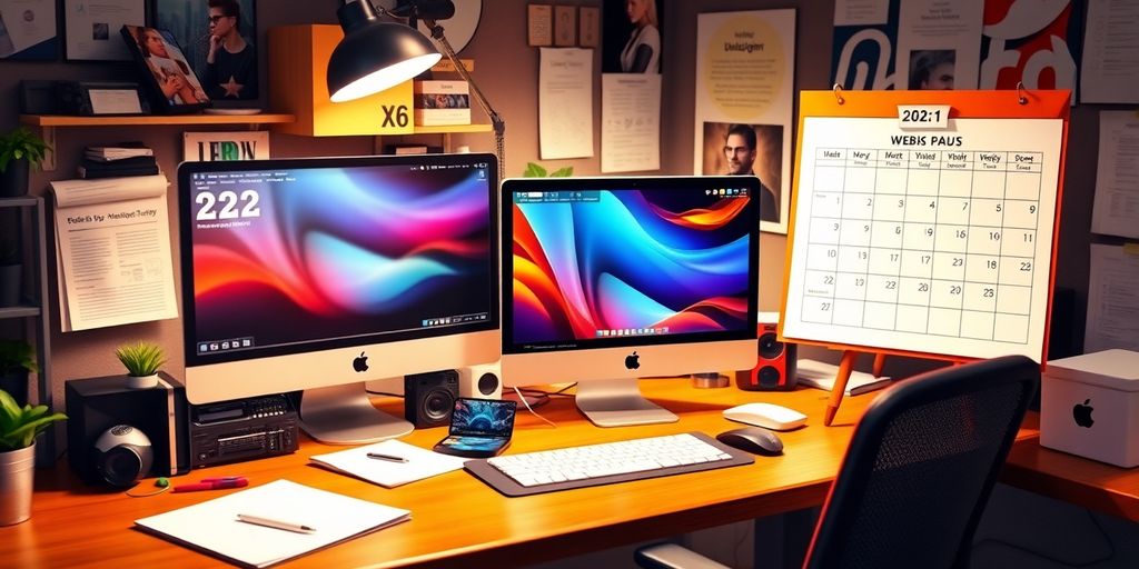 فضای کاری مدرن با کامپیوتر و ابزار طراحی وب