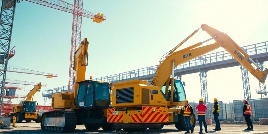سایت راهسازی با ماشینآلات و کارگران در حال کار