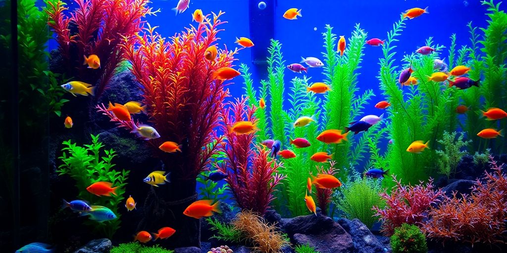 آکواریوم زیبا با ماهیهای رنگی و گیاهان آبی