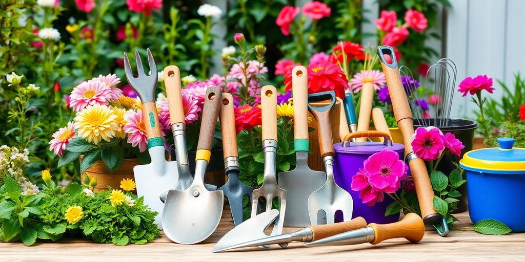 تصویر ابزار باغبانی در یک محیط طبیعی و سبز