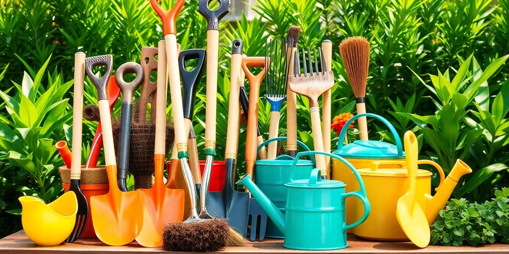 تصویر ابزار باغبانی بر روی میز چوبی