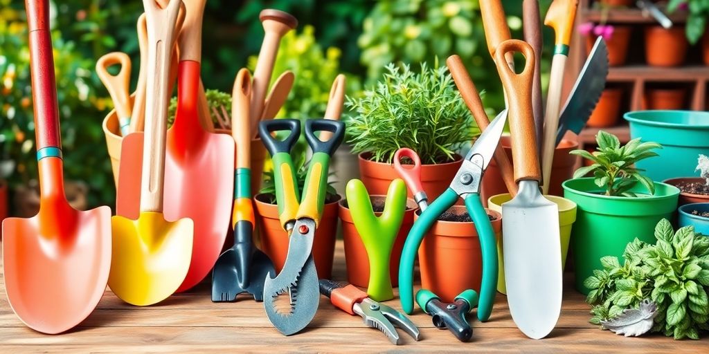 تصویر ابزار باغبانی در یک میز چوبی