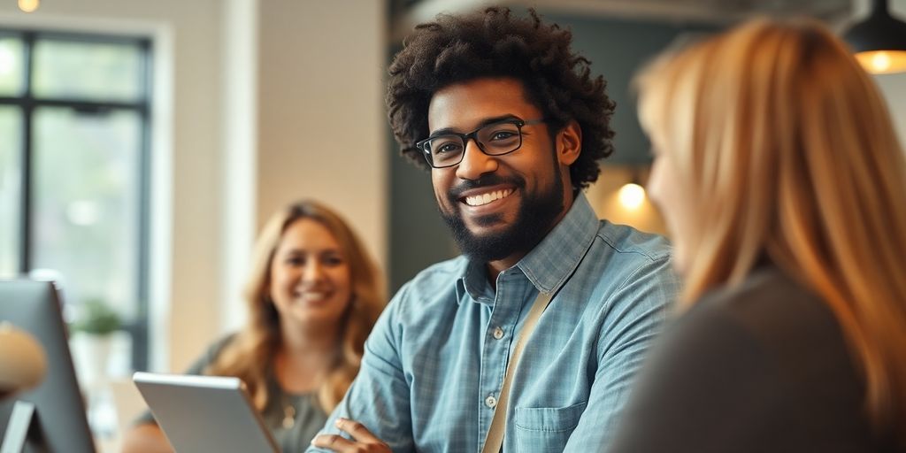 تصویر مالک کسب‌وکار و مشتریان خوشحال