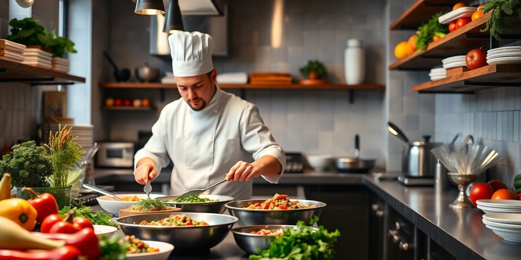 عکس یک سرآشپز در حال آشپزی در آشپزخانه