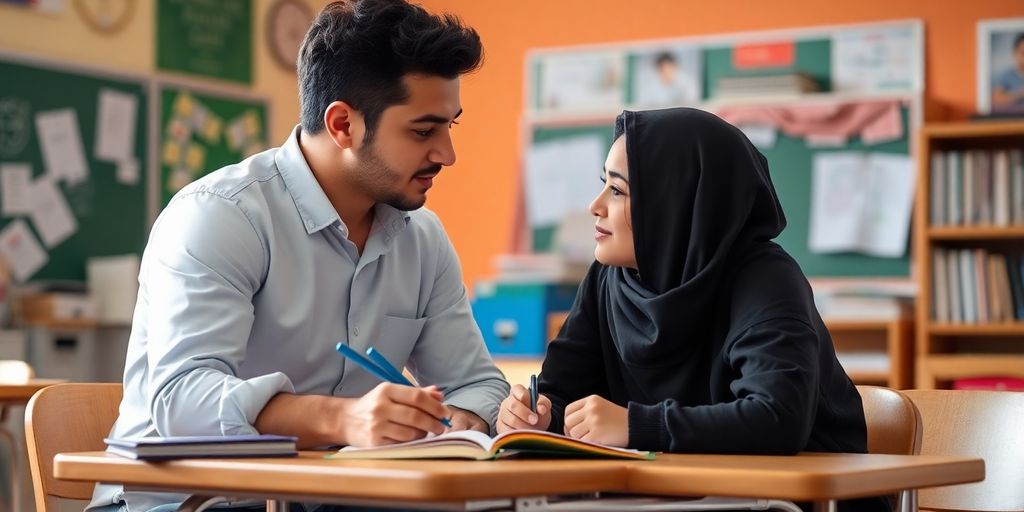 کلاسی با معلم خصوصی و دانش‌آموز در حال یادگیری