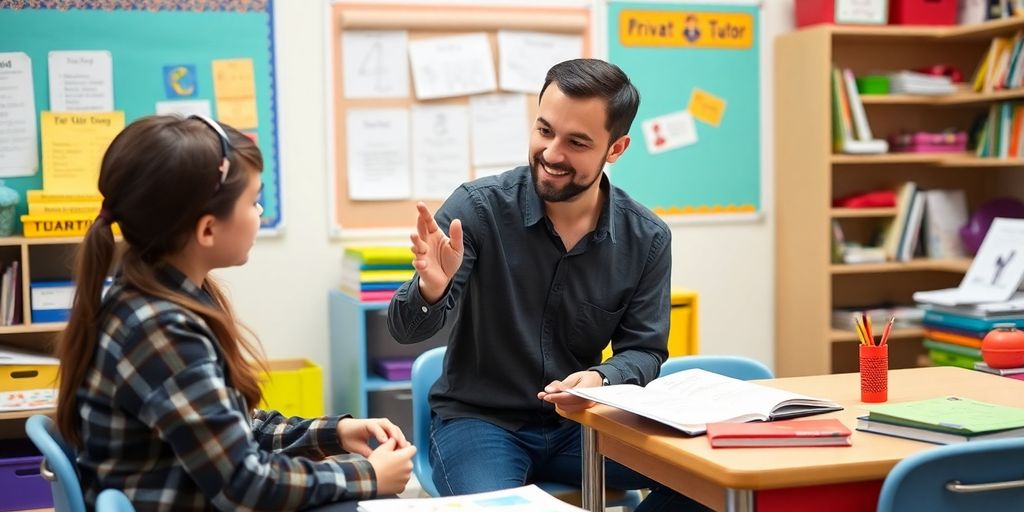 یک معلم خصوصی و دانش‌آموز در حال آموزش