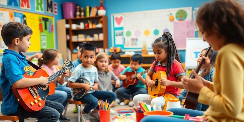 کلاس خلاقیت با دانش‌آموزان در حال هنر و موسیقی