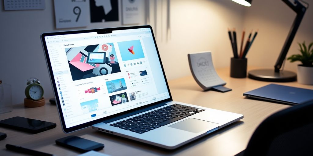 لپ تاپ مدرن بر روی میز طراحی با ابزارهای طراحی