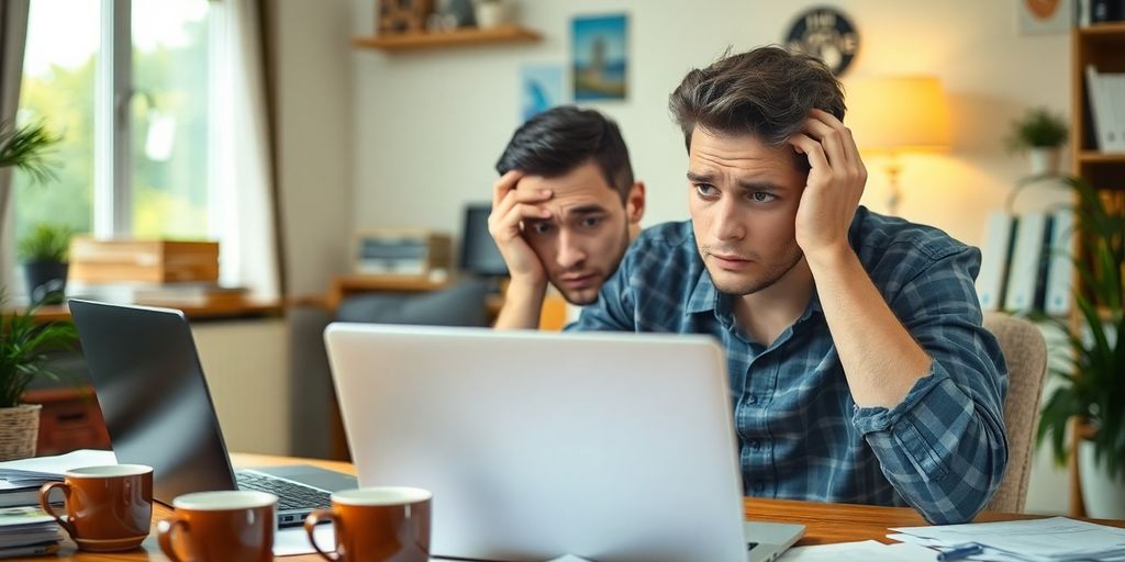 شخصی نگران در حال نگاه به لپ‌تاپ