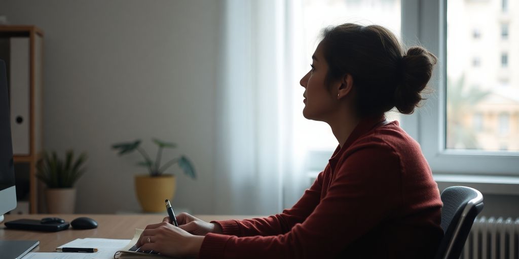 شخصی در حال تفکر و یادداشت برداری در دفتر.
