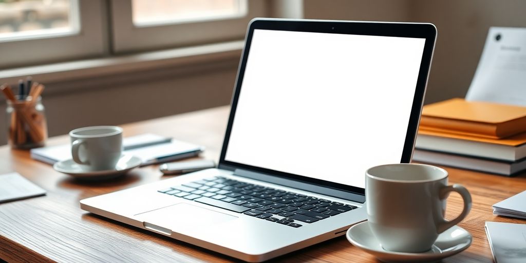 تصویری از لپ‌تاپ خالی روی میز چوبی