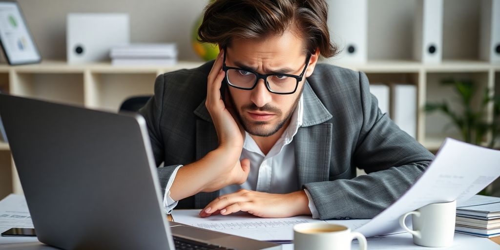 مدیر کسب‌وکار نگران در حال کار با لپ‌تاپ