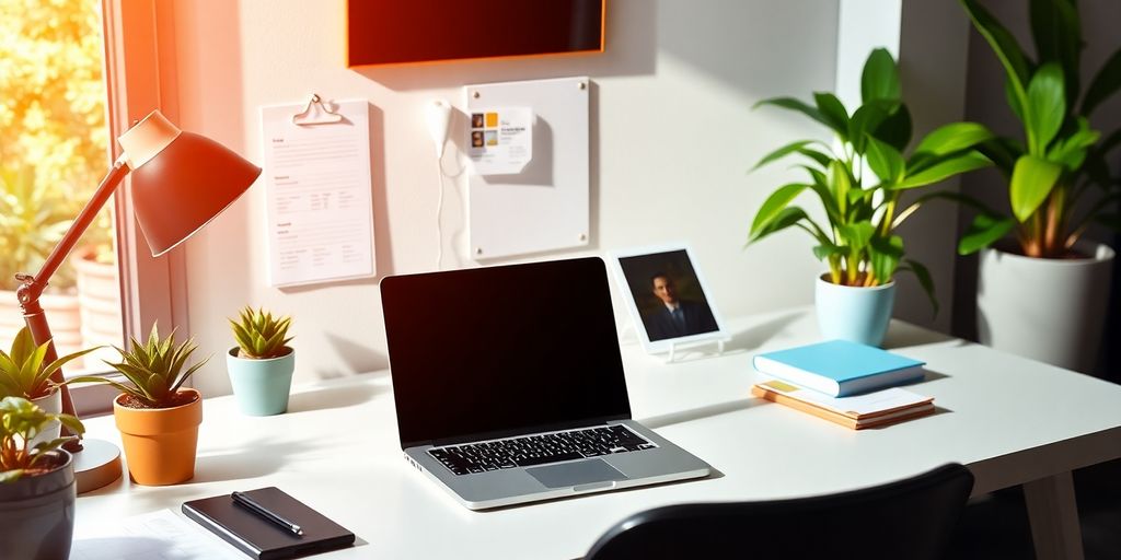 فضای کار مدرن با لپ‌تاپ و دکور زیبا