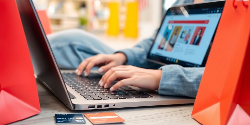 شخصی در حال خرید آنلاین با لپ‌تاپ و کیسه‌های خرید