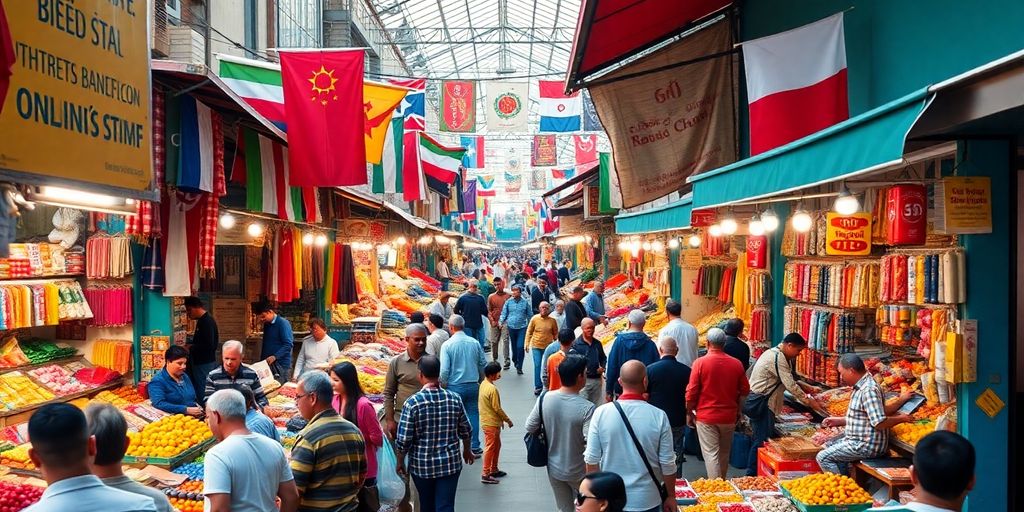 بازارهای بین‌المللی با جمعیت و غرفه‌های رنگارنگ