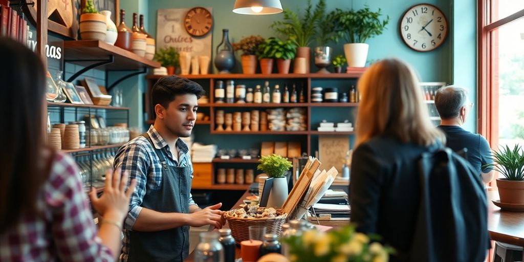 عکس از صاحب یک کسب‌وکار کوچک در حال خدمت به مشتریان