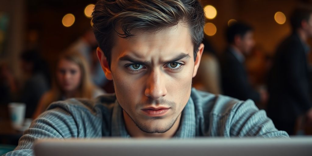 شخصی در حال مرور سایت با چهره شک و تردید