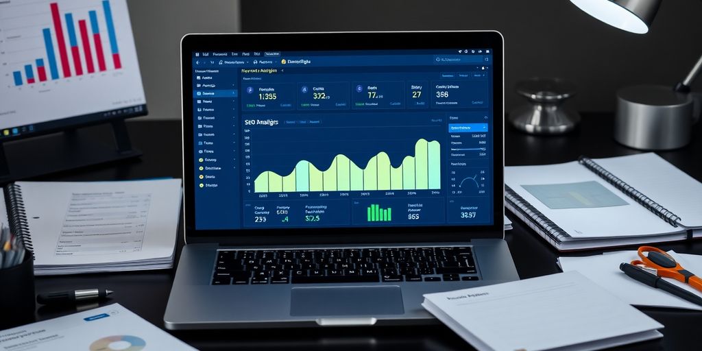 تصویر فضای کاری با لپ‌تاپ و ابزار سئو