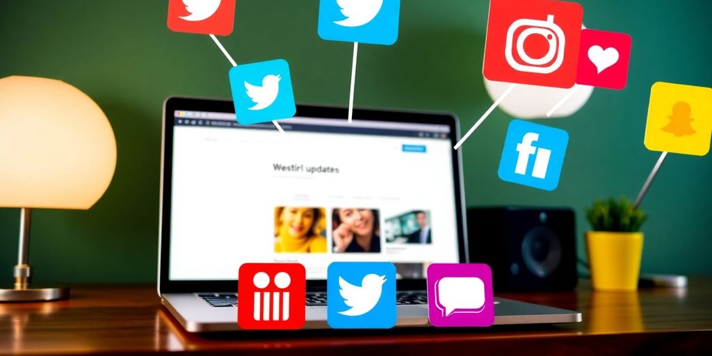 تصویر لپ‌تاپ و آیکون‌های شبکه‌های اجتماعی