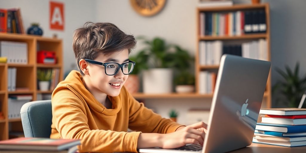 تصویری از یک دانش آموز در حال مطالعه آنلاین