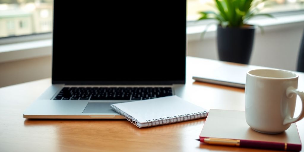 محیط کار با لپ‌تاپ و یادداشت و قهوه