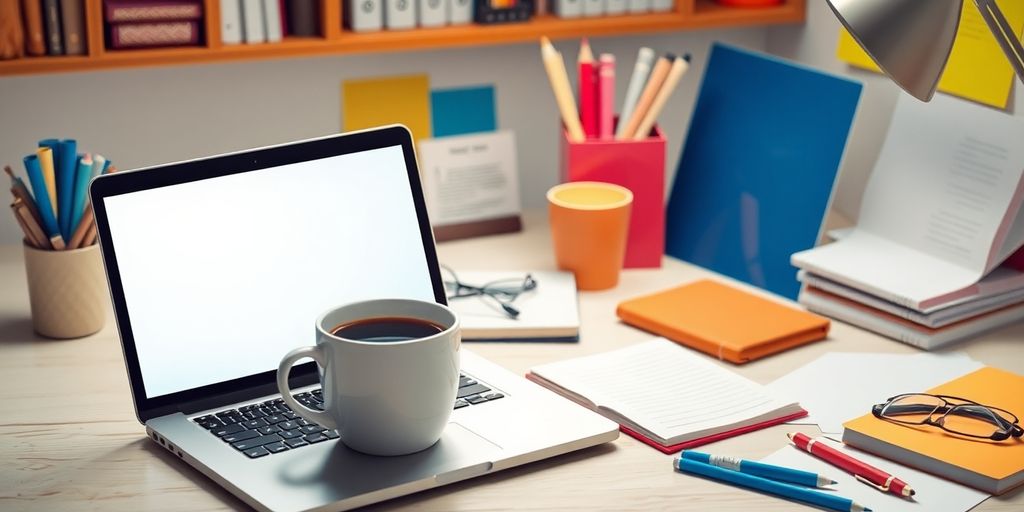 تصویری از میز کار با لپ تاپ و قهوه