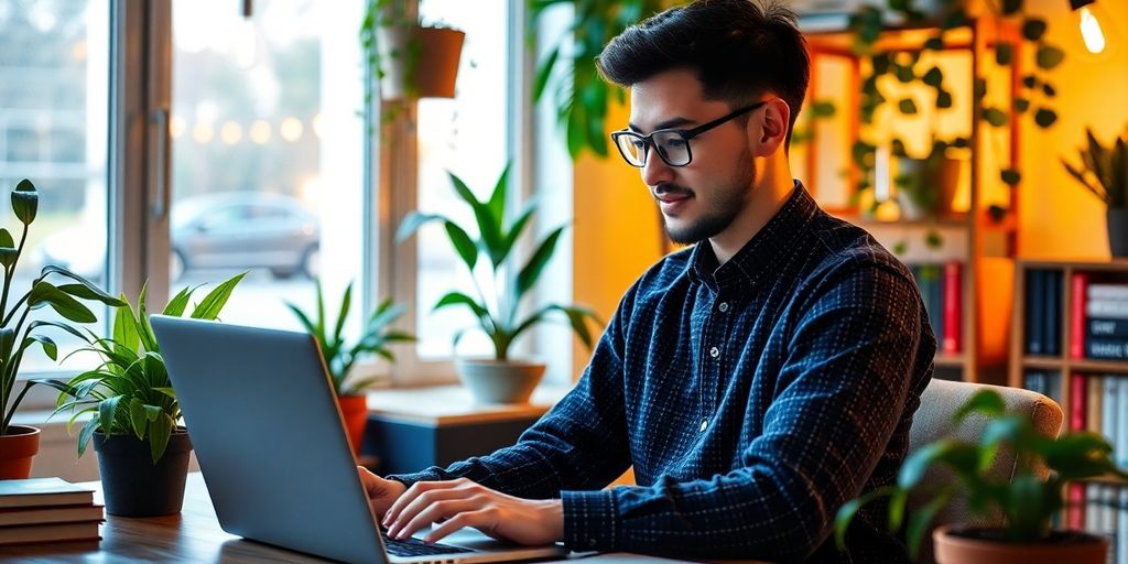 عکس فردی در حال تولید محتوا با لپ تاپ