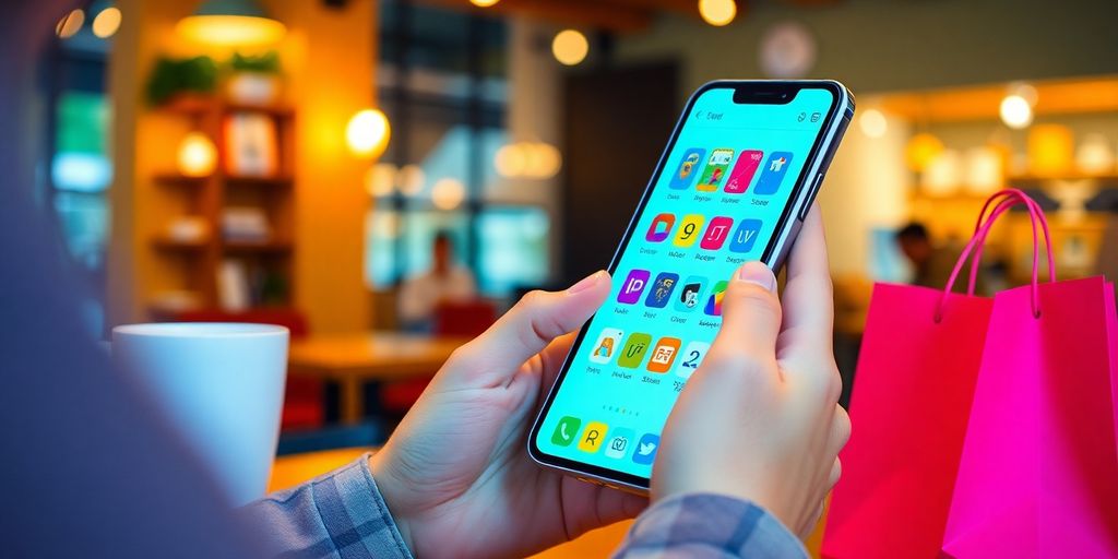 شخصی در حال خرید با موبایل در کافه