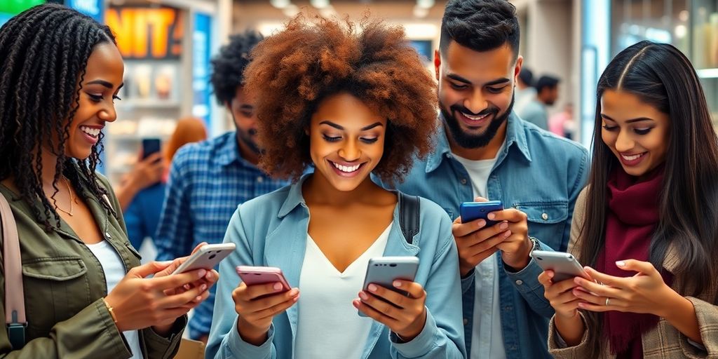 مردم در حال خرید با موبایل در محیط‌های مختلف