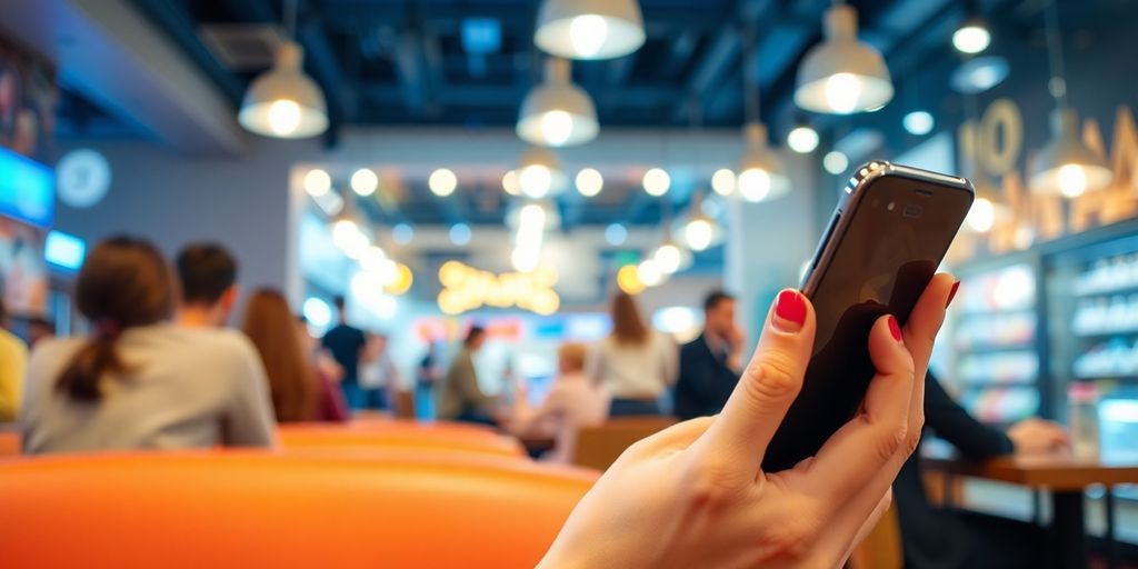 شخصی در حال خرید از طریق موبایل در کافه