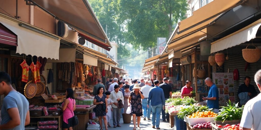بازار خیابانی شلوغ با فروشندگان محلی و مشتریان