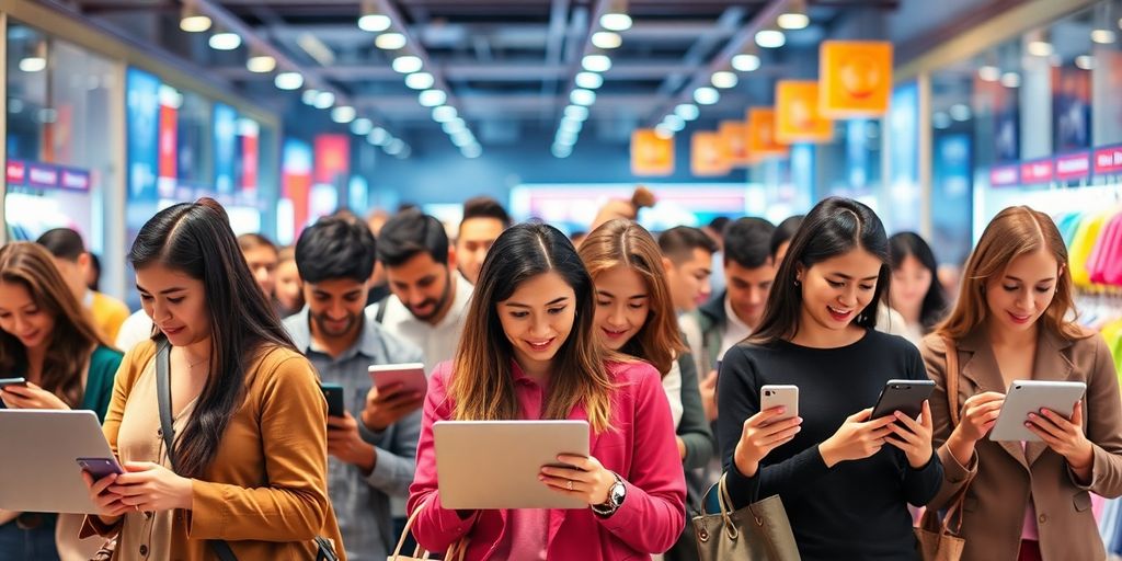 مشتریان در حال خرید آنلاین با دستگاه‌های مختلف