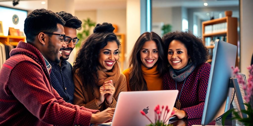 گروهی از مشتریان مشغول خرید آنلاین با کامپیوتر