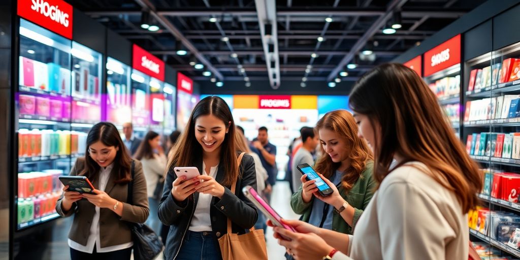 تصویری از خرید آنلاین با مشتریان و محصولات رنگارنگ