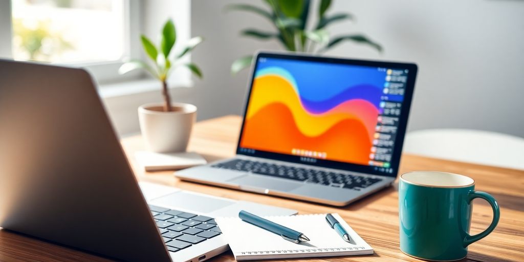 فضای کاری آنلاین شلوغ با لپ‌تاپ و دفترچه