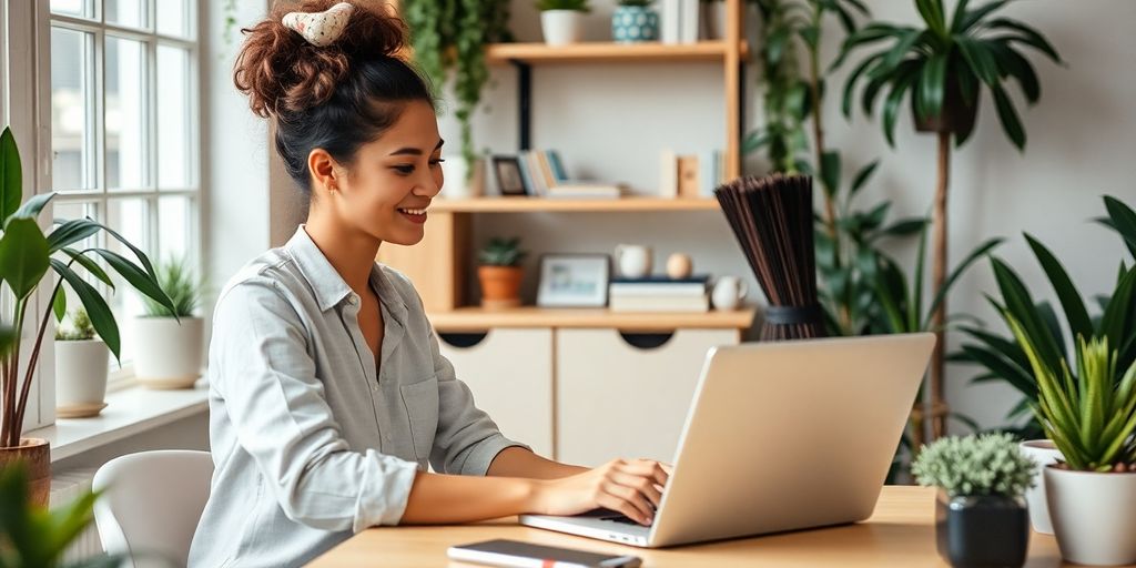 عکس از یک صاحب کسب‌وکار با لپ‌تاپ در محیط کارش.