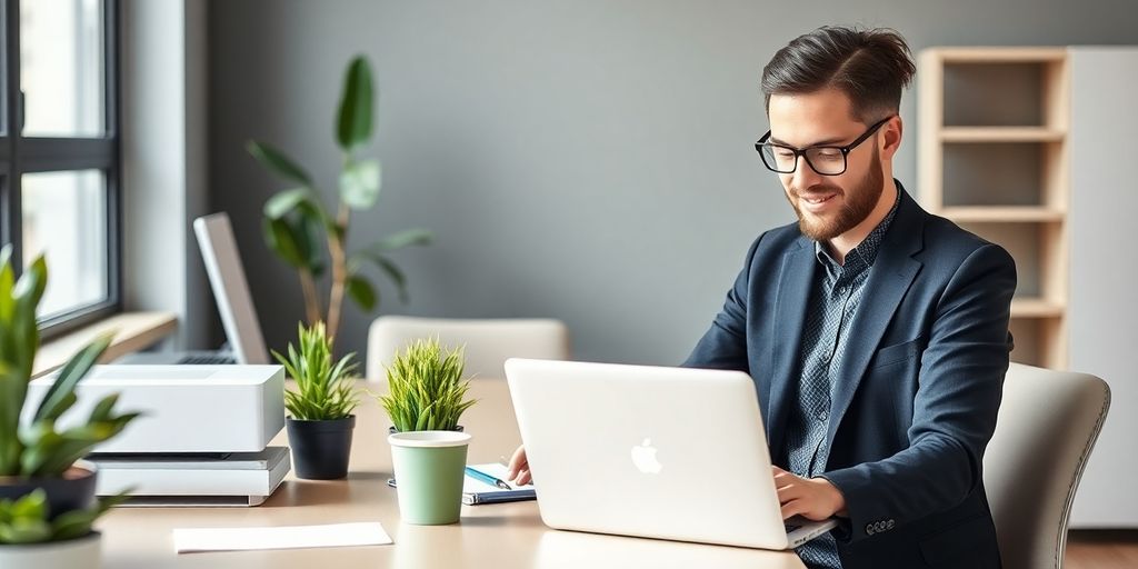 فضای کاری یک صاحب کسب‌وکار کوچک با لپ‌تاپ