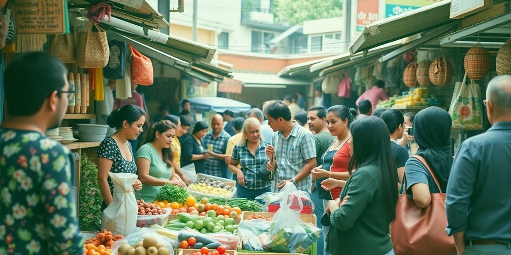 مشتریان محلی در بازار، در حال خرید و تعامل