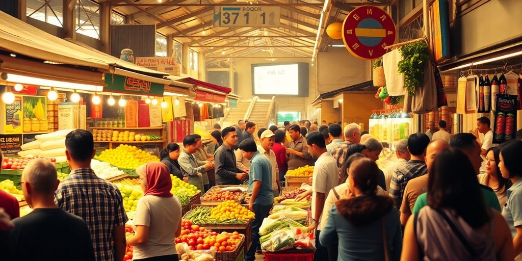 بازار محلی شلوغ با مشتریان و فروشندگان