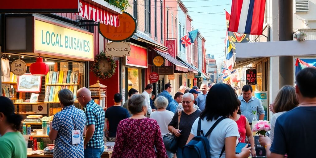 صحنه پرجنب و جوش خیابان با کسب و کارهای محلی