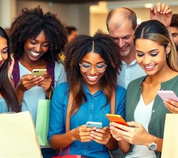 مشتریان در حال خرید از طریق موبایل با خوشحالی